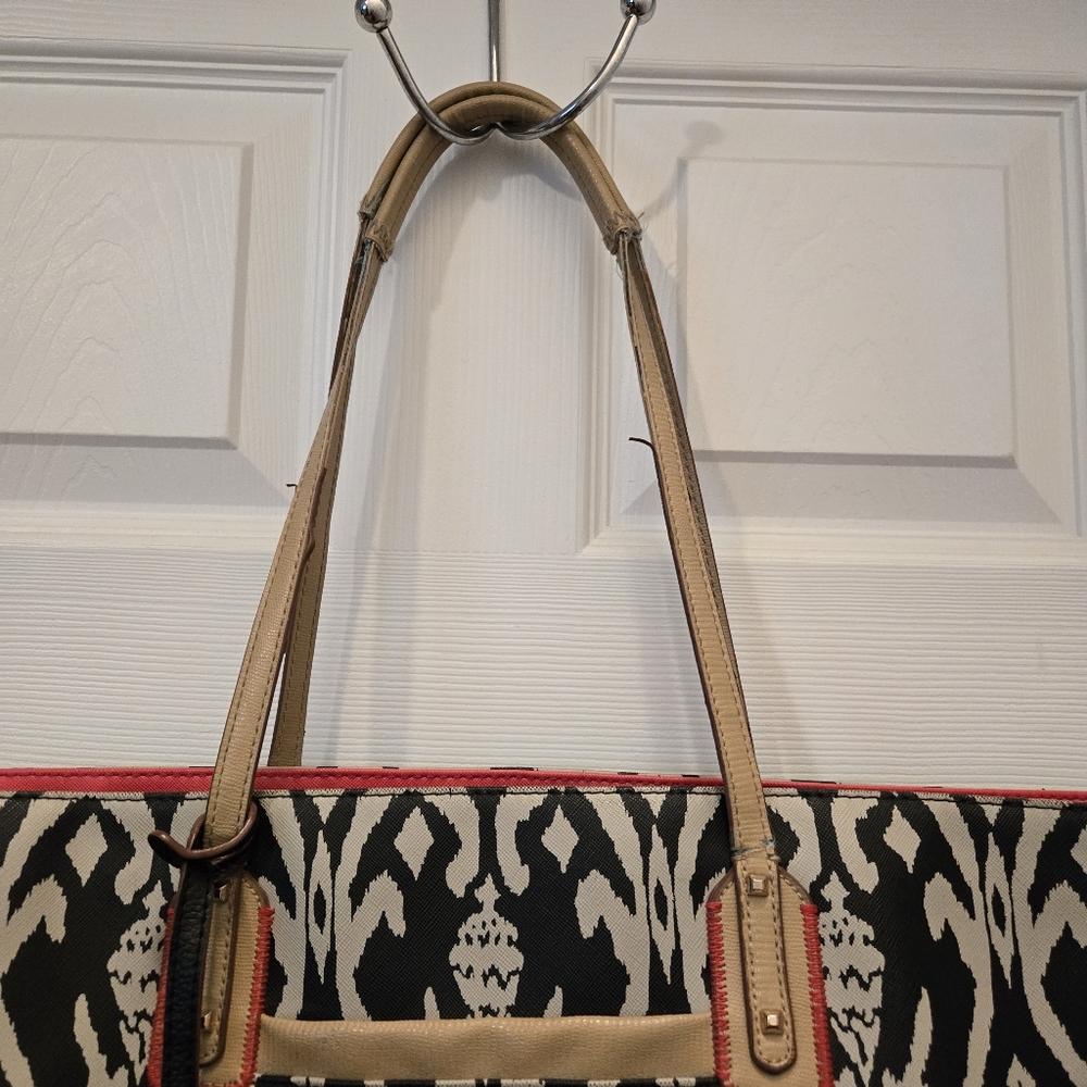 STELLA & DOT large La Totale top zipper tassel tote bag Black Ikat Pattern purse - Picture 4 of 10